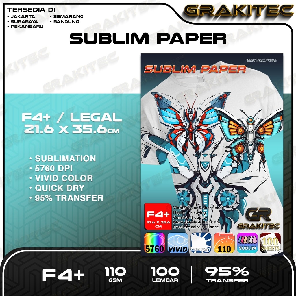 

Kertas Sablon Sublim Transfer Paper Isi 100 Lembar A4 / LEGAL F4+ / A3 110 Gsm - GRAKITEC Sublim