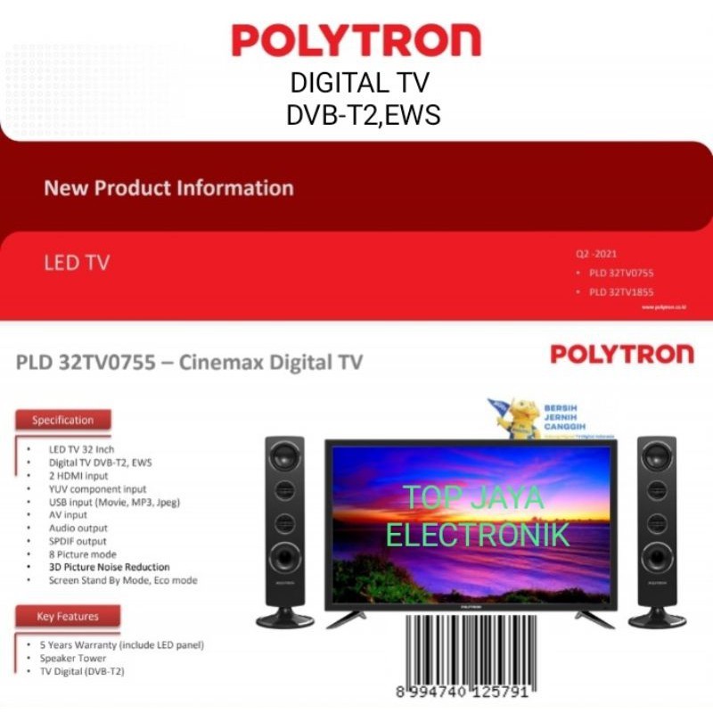 LED TV POLYTRON 32 INCH DIGITAL TV DVB-T2,EWS CINEMAX BARU BERGARANSI RESMI