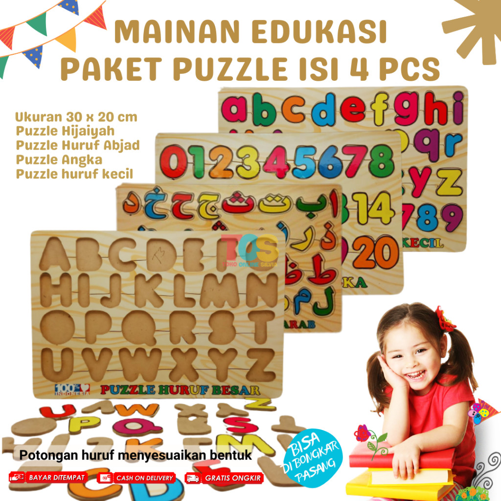 Paket 4 Puzzel Mainan Anak Puzzle Kayu Angka Hijaiyah Huruf Hewan Edukasi