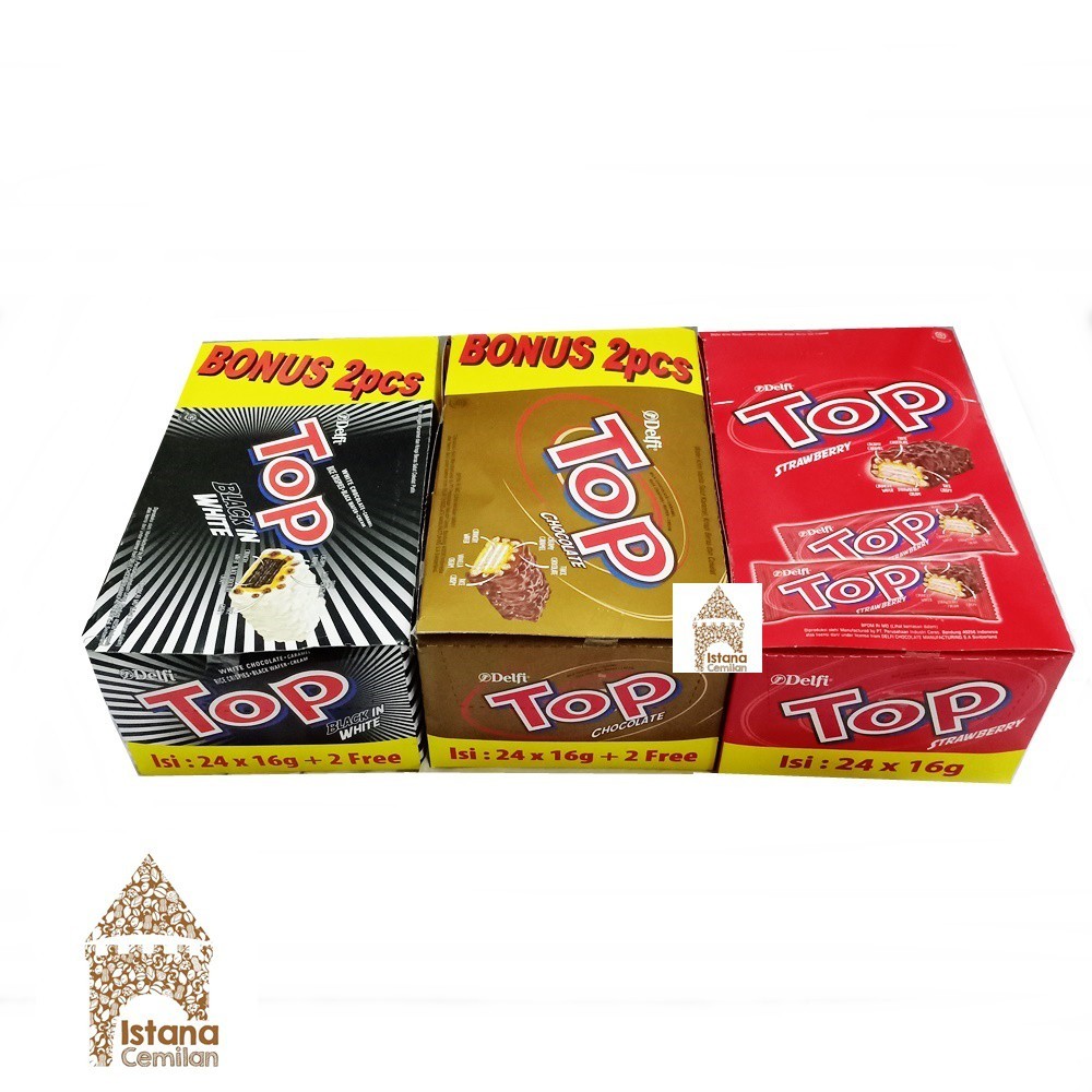 

Delfi Top Cokelat ( Coklat / Strawberry / Black White) 1 Box ( 24 pcs x 9 gr)