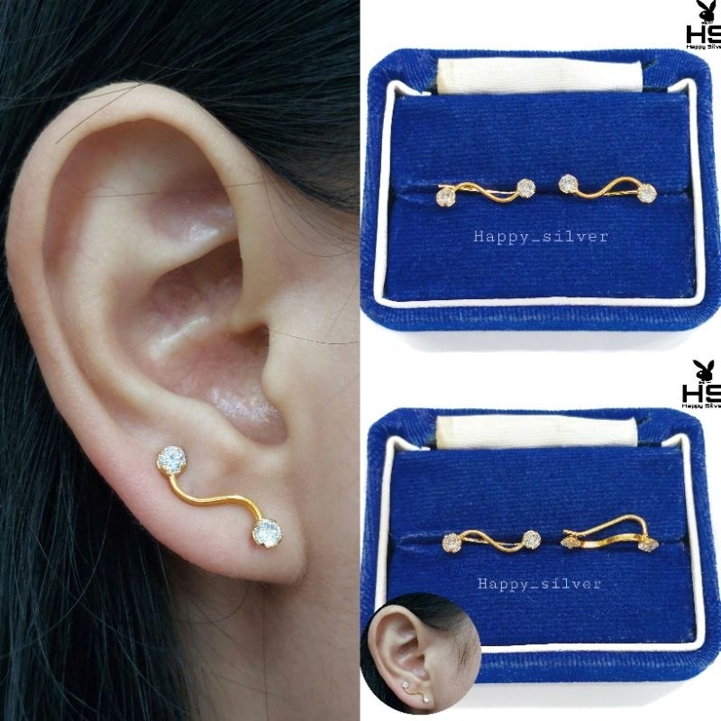 ANTING TUSUK PERAK ASLI 925 SILVER LAPIS EMAS -MODEL TUSUK PANJANG PERMATA-PERHIASAN PERAK