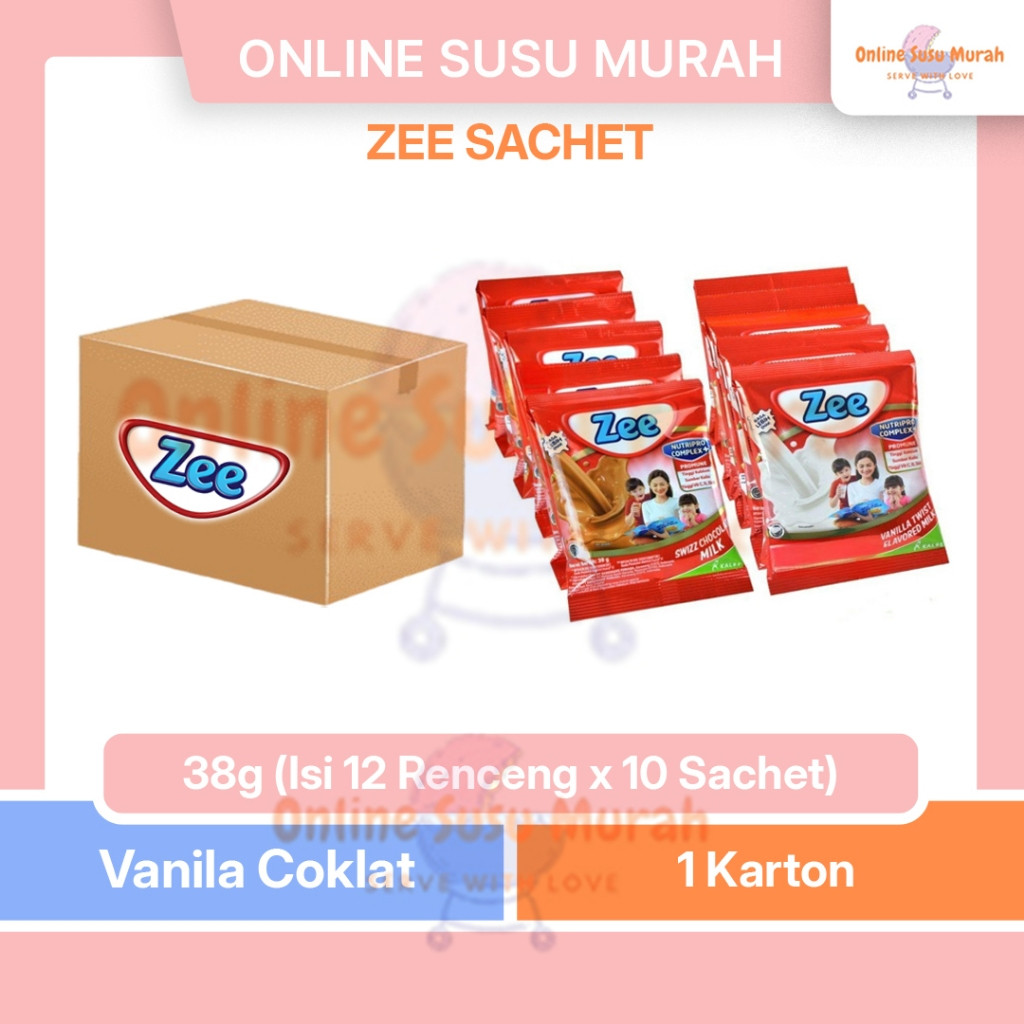 

ZEE SACHET 37 GR PAKET 1 KARTON VANILA COKLAT ISI 12 RENCENG X 10 SACHET @37GR SSSC