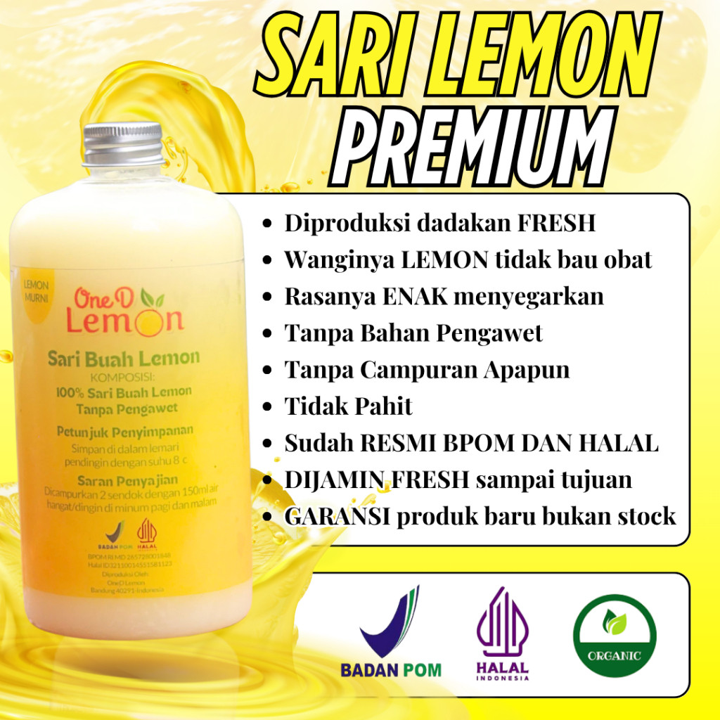 

OneD Sari Lemon Premium 500ML 100% Lemon Asli Diperas Dadakan Wanginya Lemon Banget Untuk Diet Detox