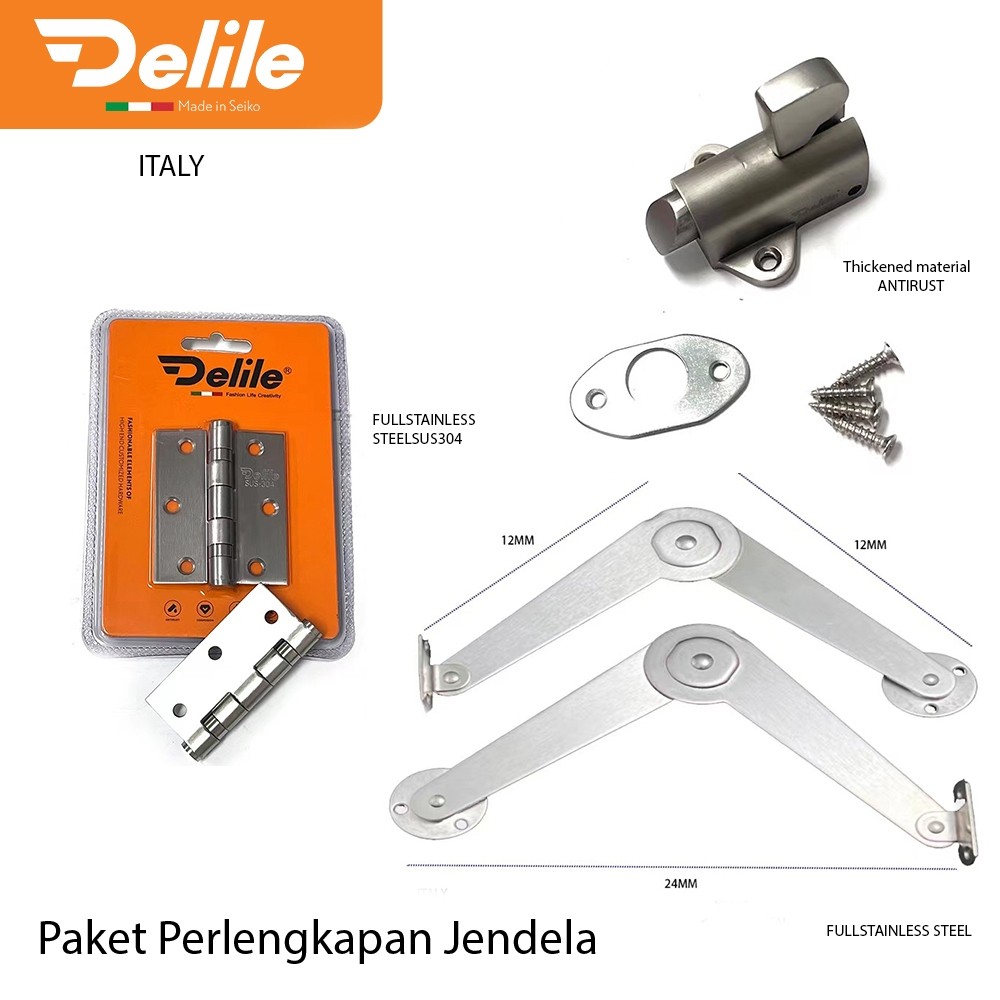 Paket Perlengkapan Jendela Kayu DELILE / Satu Set Engsel / Hak Angin / Slot Kunci / Rambuncis