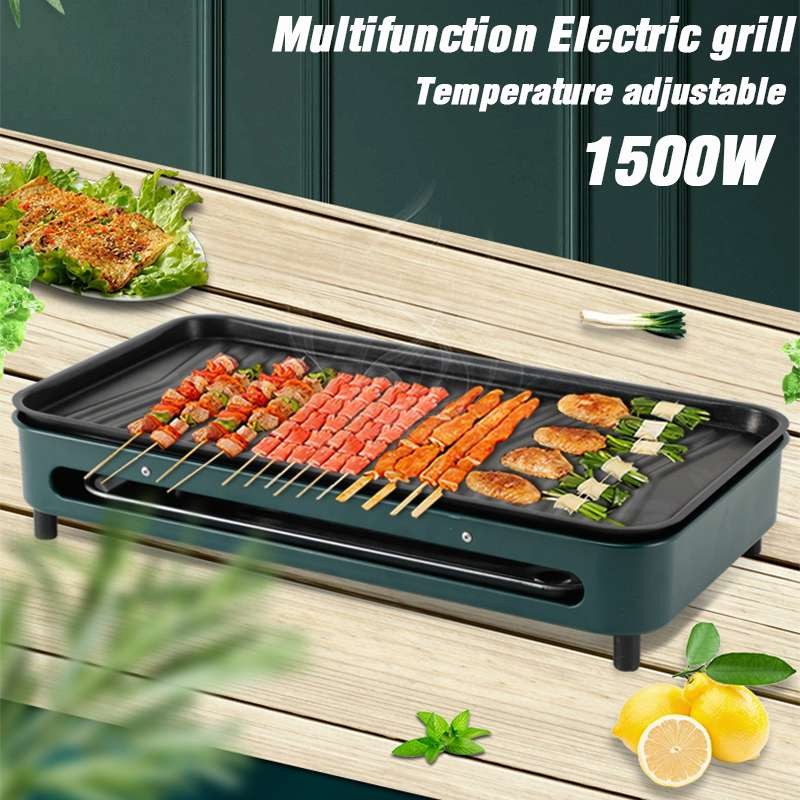 Panci Pemanggang Listrik 1500W Pemanggang BBQ Korea Mesin Barbekyu Anti Lengket Tanpa Asap Pemanggan