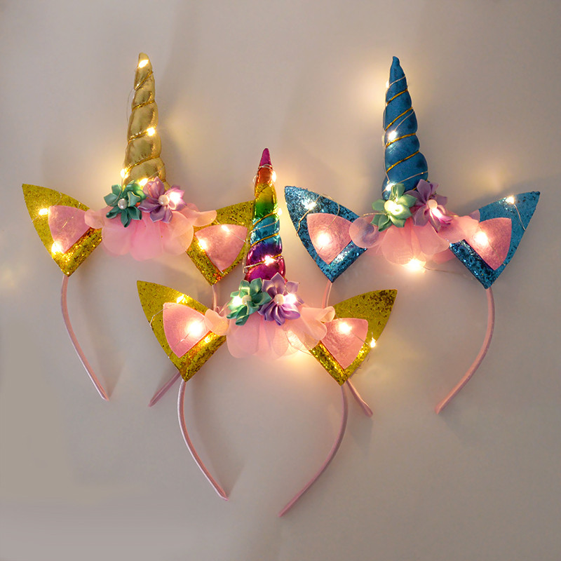 1 Ikat Kepala Unicorn Menyala untuk Anak Perempuan Dekorasi Pesta Ulang Tahun Ikat Rambut Hiasan Kep