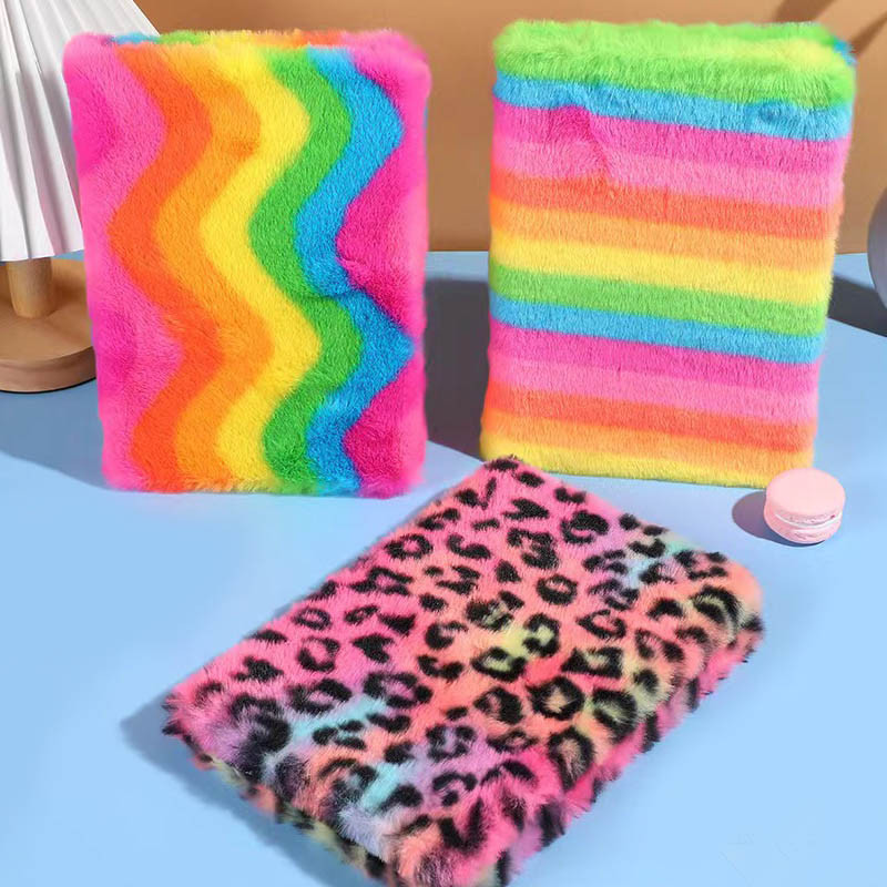 

Cartoon Creative Plush Notebook Rainbow Leopard Print Student Notebook High Value Cute Girl Heart