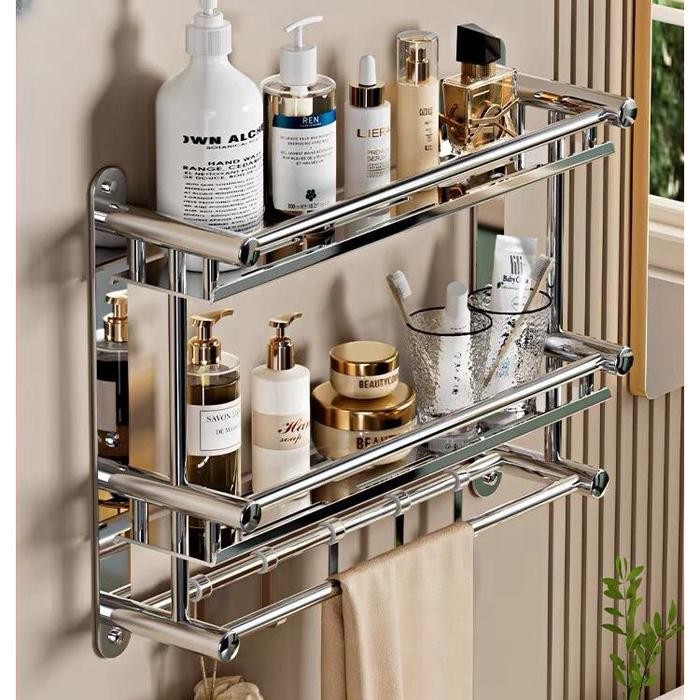 Rak Rose Dinding Kamar Mandi Stainless Steel 2 Tingkat Rak Handuk Perlengkapan Mandi Minimalis