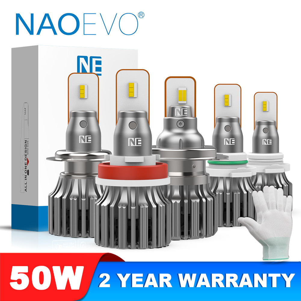 NAOEVO Lampu Depan Mobil HB4 9006 H7 Lampu Mobil Led 50W H4 Hi/Lo Beam 18000LM H11 9005 HB3 6000K Pu