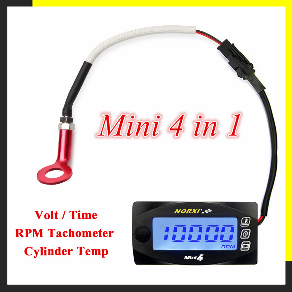 Suhu kepala silinder sepeda motor Voltmeter Waktu RPM Tachometer Mini 4 in 1 Tampilan Digital LED Qu