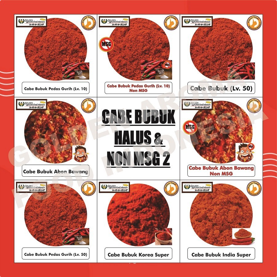 

SANS Cabe Bubuk Kiloan 1Kg Bubuk Cabai Aneka Level Super Pedas Gurih Abon Bawang Halus Boncabe Aida