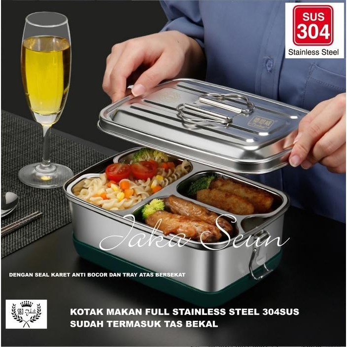 

JNZ Kotak makan 2 tingkat FULL stainless steel 304SUS Lunch Box Ukuran besar dengan TAS BEKAL