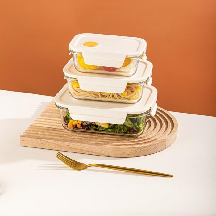 

99KHOME Tempat Makan Kaca Tahan Panas Kotak Bekal Kaca Anti Bocor Cream Transparan K1119 Glass