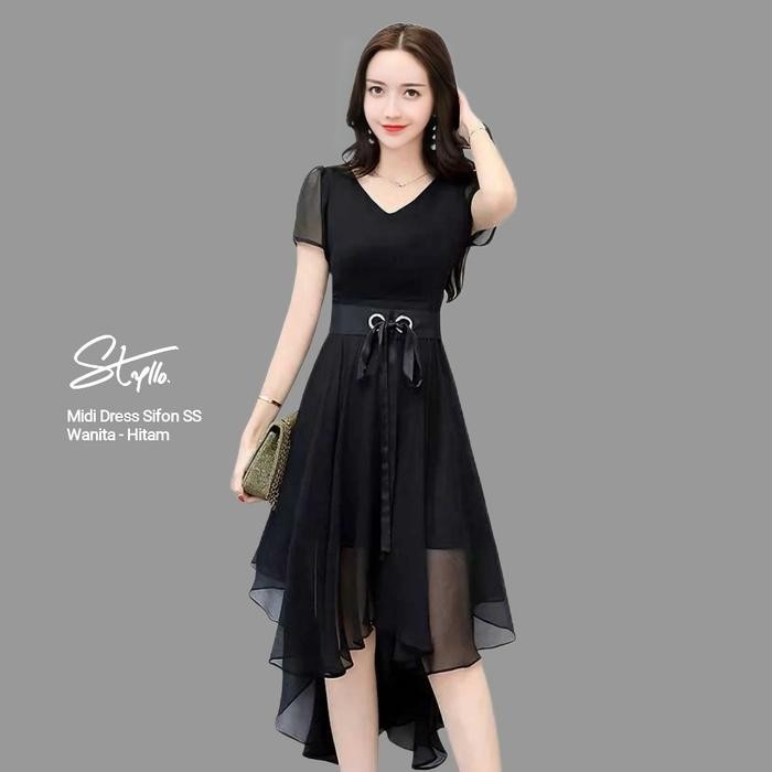 Midi Dress Korea Lengan Pendek Wanita Layer Sifon Asimetri Moody Hitam Dres Kaos Cantik