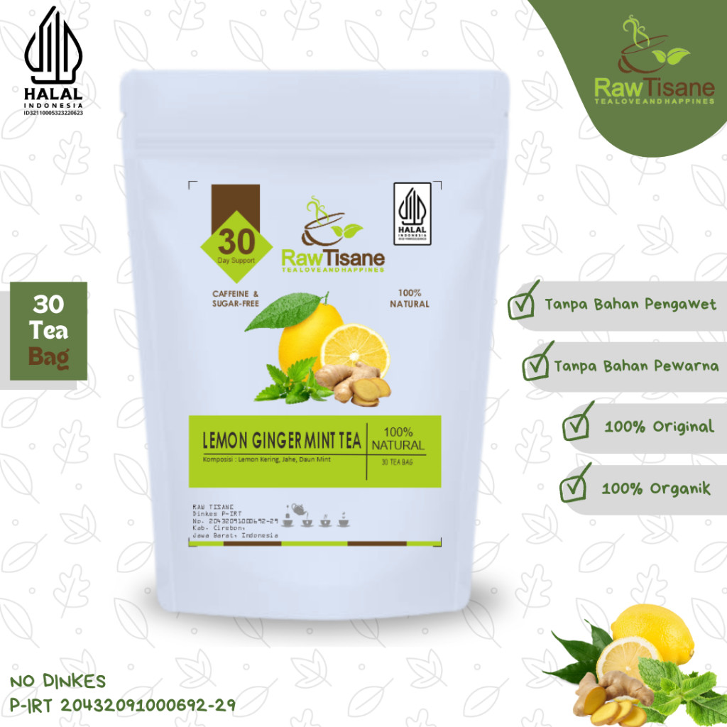 

RAW TISANE Lemon Ginger Mint Tea : Teh Buah Lemon, Jahe & Daun Mint Isi 30 Tea Bag