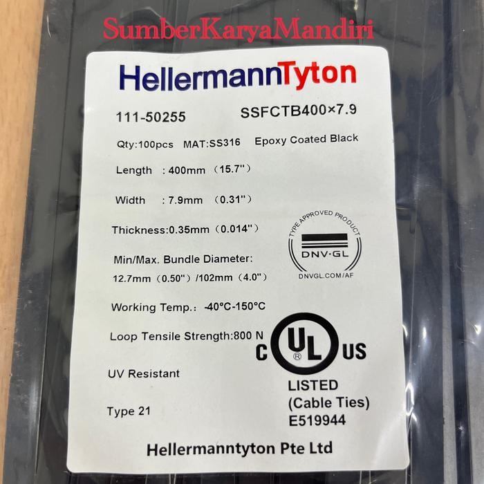 

Hellermann Tyton Cable Ties SS 316 Epoxy Coated Black 400MM x 7.9MM x 0.35MM (100Pcs)