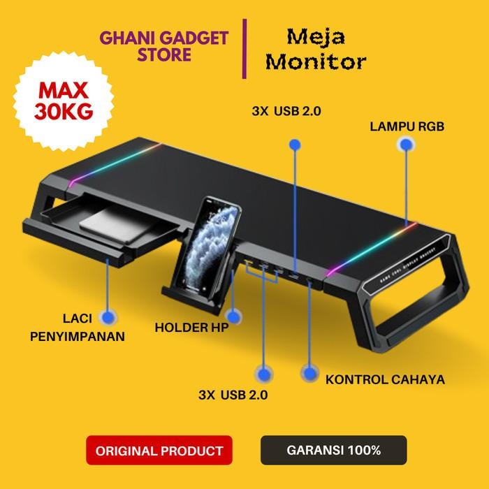 

Meja Stand Dudukan Monitor Komputer Desk Shelf Alas Tempat PC Computer RGB Obsidian + 4 USB Port