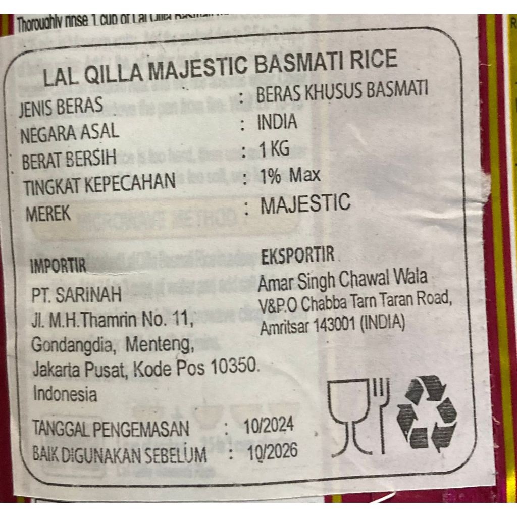

Terlaris! Lal Qilla Majestic Extra Long Beras Basmati 1 kg/ Beras Mandi Kabuli yani