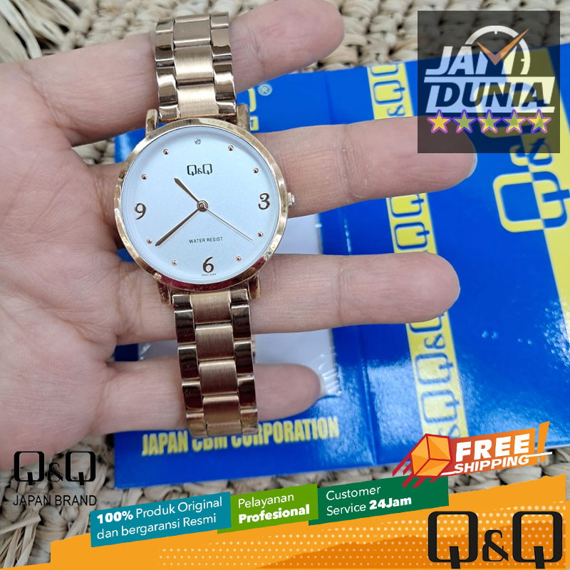 JAM TANGAN ANALOG WANITA Q&Q ORIGINAL QNQ QA21 J024Y QQ QA21J024Y STRAP STAINLESS STEEL ROSE GOLD NG