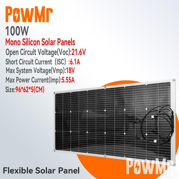 PREMIUM PowMr 100W Panel Surya Fleksibel Sel Surya Monokristalin Kabel DIY Luar Ruangan Mobil RV