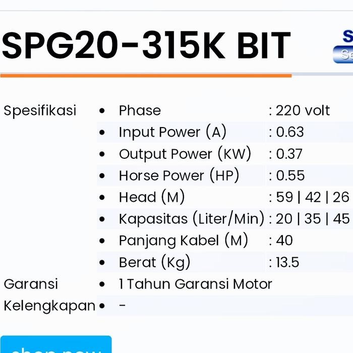 POMPA SATELIT/SUBMERSIBLE PUMP SHIMIZU SPG20-315K BIT(1/2HP+KABEL)