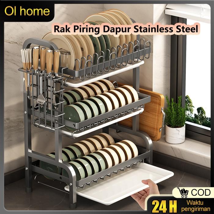 PREMIUM Rak Piring Dapur Stainless Steel Rak Penyimpanan Dapur Rak Pengering Piring Rak Mangkuk