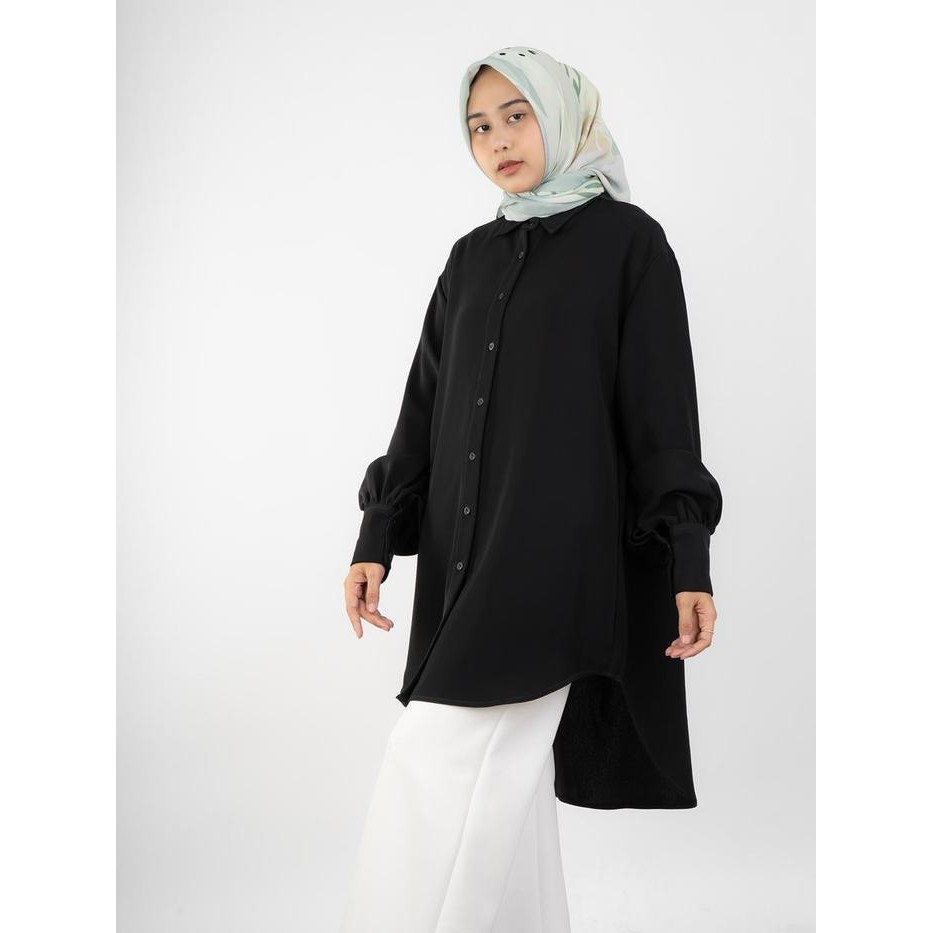 HaymeeIDN - Haifa Tunik Kemeja Tunik Jumbo Tangan Balon Bahan Jetblack