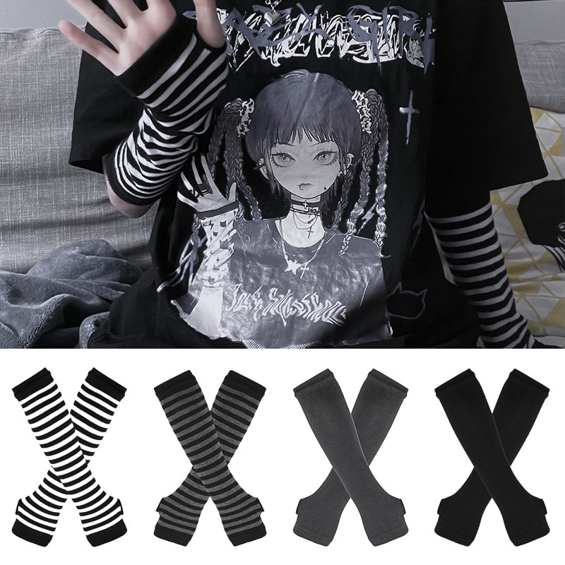 Fingerless Stripe Hip-Hop Harajuku Gloves Knitted Elbow Mittens Elastic Outdoor Warmer Long Arm