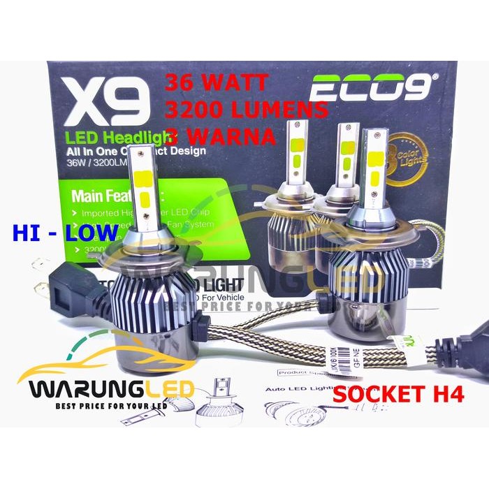 LAMPU UTAMA MOBIL LED X9 ECO9 LUMINOS H4 3 WARNA SUPER BRIGHT