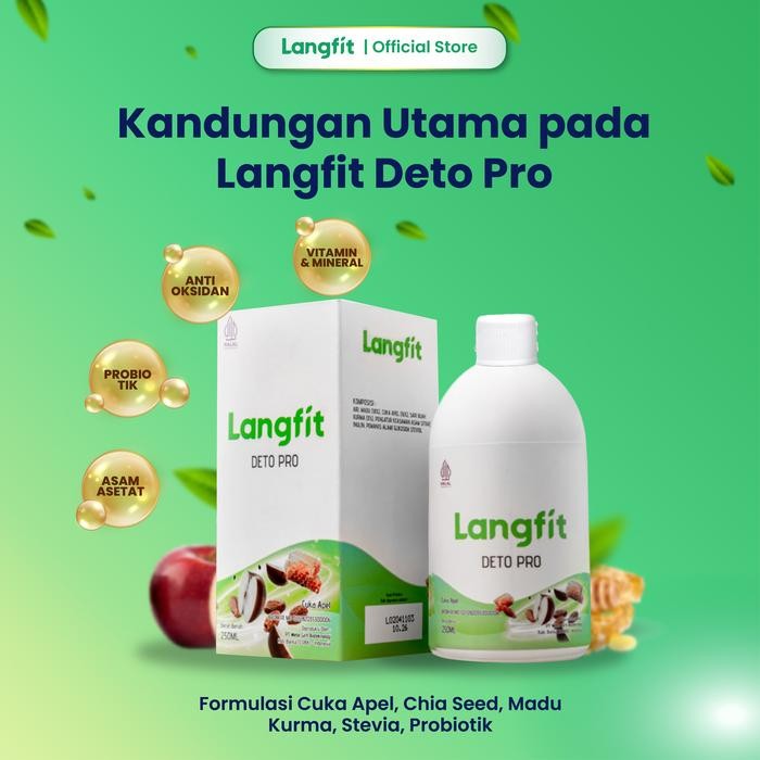 

Langfit Detopro Paket 1 Botol 250Ml (Cuka Apel, Madu, Stevia, Kurma, Probiotik, Chia Seed) Halal &