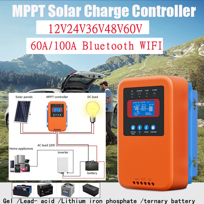 SAN 60A/100A Bluetooth WIFI Solar Controller 12V24V36V48V60V Charging MPPT Controller LCD Display fo
