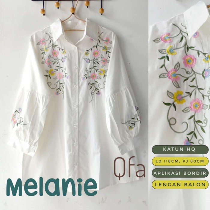 New Qfamelanie Blouse Kemeja Jumbo Putih Lengan Balon Katun Bordir