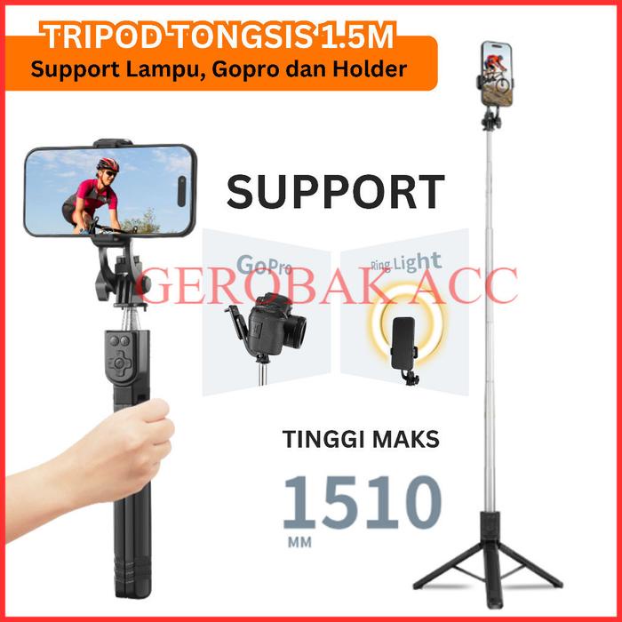 GRATIS ONGKIR T16 TRIPOD TONGSIS REMOTE BLUETOOTH 3 IN 1 150CM HP MULTIFUNGSI SELFIE STICK KAMERA