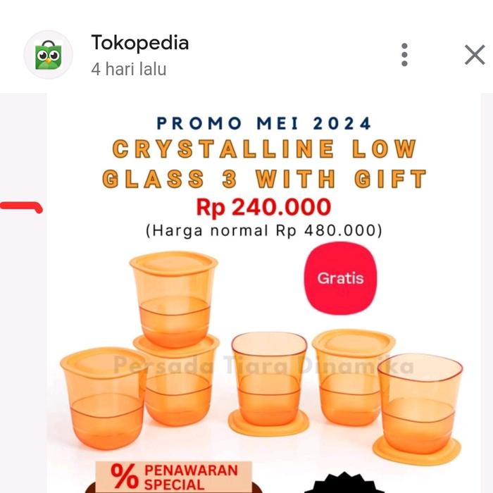 Tupperware crystaline low glass 230ml 4pc gelas kristal dilengkapi dengan tutup Minuman