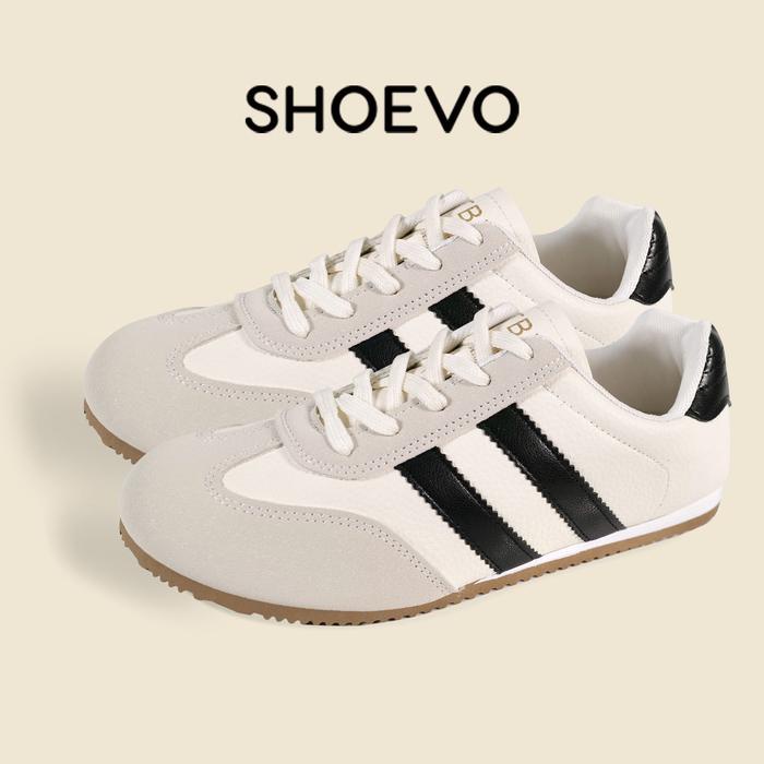 SHOEVO Sepatu Latihan Wanita Sol Tipis Warna Solid Kepala Bulat Dua Garis Casual Sneaker ST095