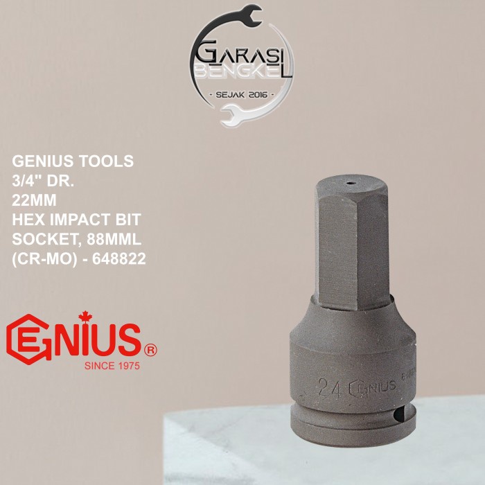 Genius Tools 3/4" Dr. 22Mm Hex Impact Bit Socket -Kunci Sock L-Shock L