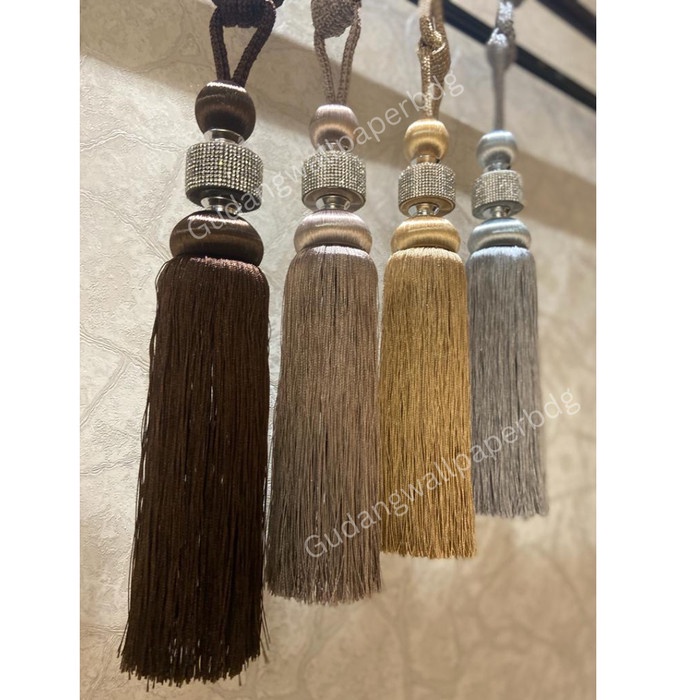 Tassel Tali Gorden Cyrstal Rumbai Mewah Cream Coklat Silver Premium