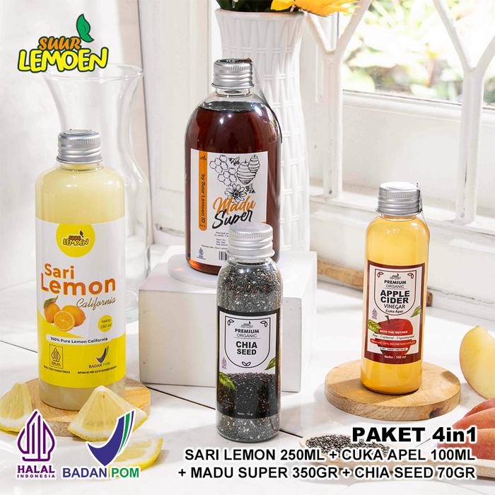 

SUUR LEMOEN Paket 4in1 Travel Size Sari Lemon 250ml Cuka Apel 100ml Madu 350gr Chia 70gr