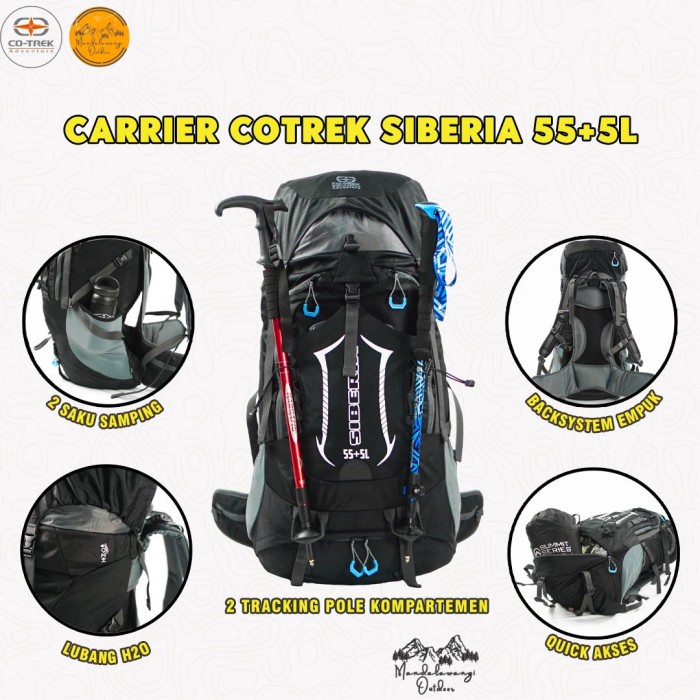 Tas Gunung Carrier Co-Trek siberia 55+5L Raincover Tas Pendaki Hiking Camping Outdoor