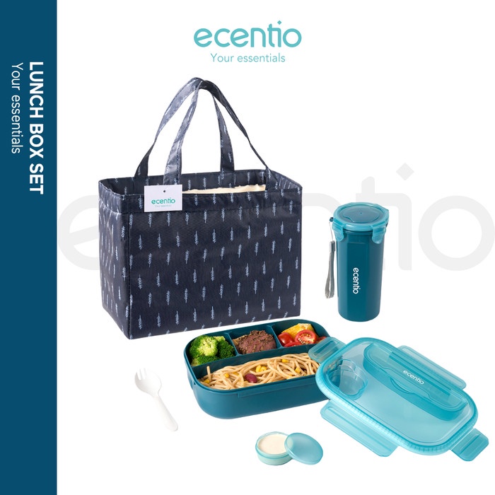 Ecentio 4Grid Kotak Makan Siang Dengan Botol Air Lun Box Set 1100Ml
