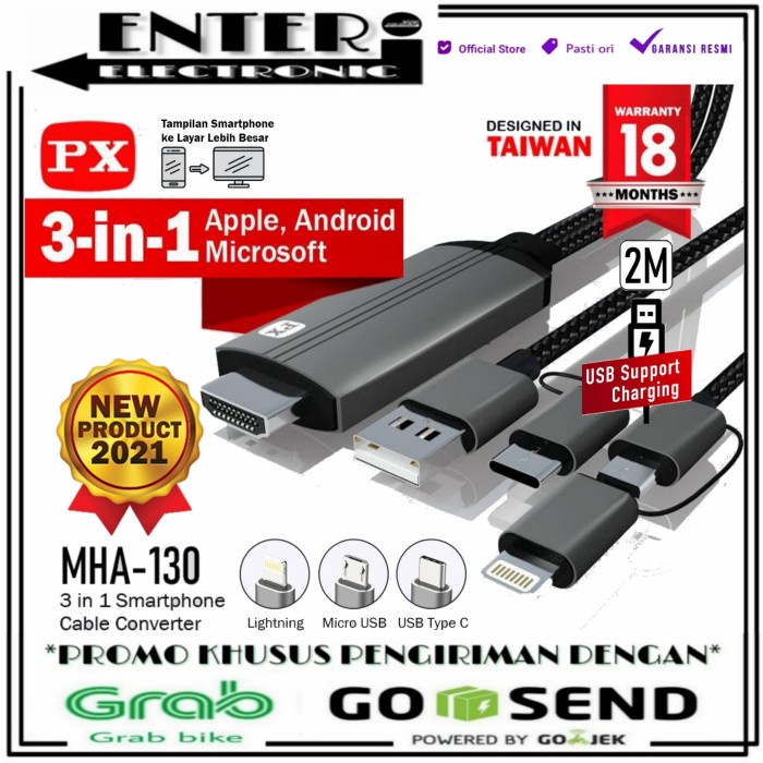 TERLARIS PX MHA130 - KABEL HDMI TO TYPEC MICRO LIGHTNING CONVERTER 3IN1 MHA 130