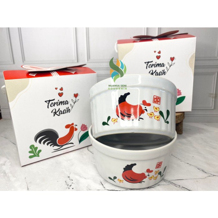 Souvenir Mangkok Sop Keramik Ulir Ayam Jago Two Tone Kemas Paper Box