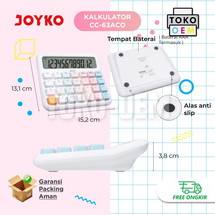 

JOYKO KALKULATOR WARNA PASTEL CC-63ACO CC-63BCO KALKULATOR LUCU 12 DIGITS MECHANICAL BUTTON