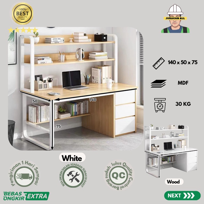 PREMIUM MEJA KERJA MINIMALIS/MEJA KANTOR LACI/MEJA BELAJAR/MEJA KOMPUTER 140CM + RAK ATAS - WOOD