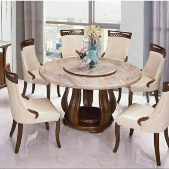PREMIUM MEJA MAKAN BULAT MEJA MAKAN MARMER KAYU JATI FURNITURE JEPARA