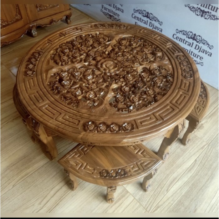 PREMIUM Kursi Meja Kopi Oshin Bulat Lesehan Kayu Jati Oshin Ukir Mebel Jepara