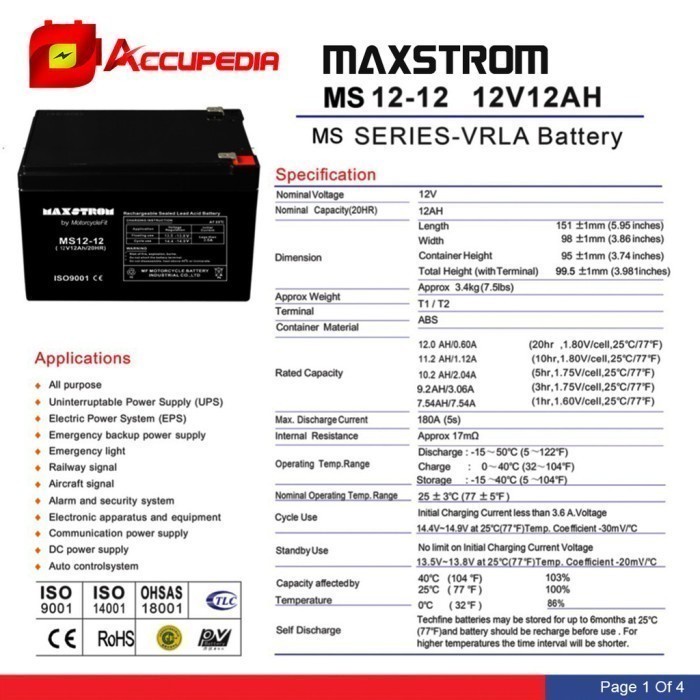 Aki Sepeda Listrik SELIS MANDALIKA 12V 12Ah Aki VRLA MAXSTROM