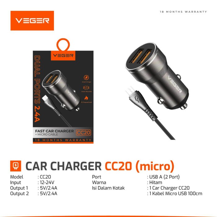 Car Charger VEGER CC20 Micro USB/Charger Mobil Veger CC20 fast charge