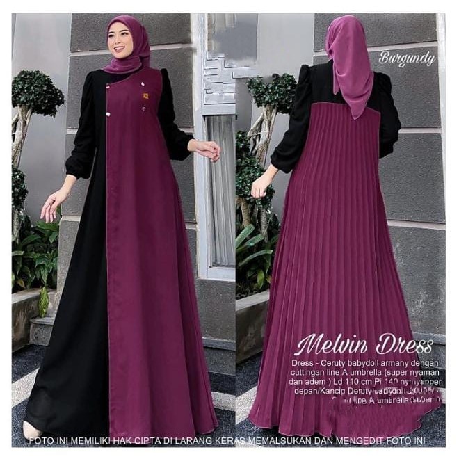 TERBAIK Baju Gamis Wanita Muslim Melvin Dress Ada Jumbo Ceruti Babydol Polos Cantik Fashion