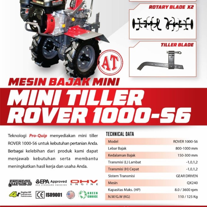 Mesin Cultivator Mini Bajak Sawah Proquip Rover 1000-S6 Terbaik